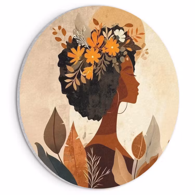 Akoestisch schilderij rond - Vrouw - Krullen - Bloemen - Beige — 1