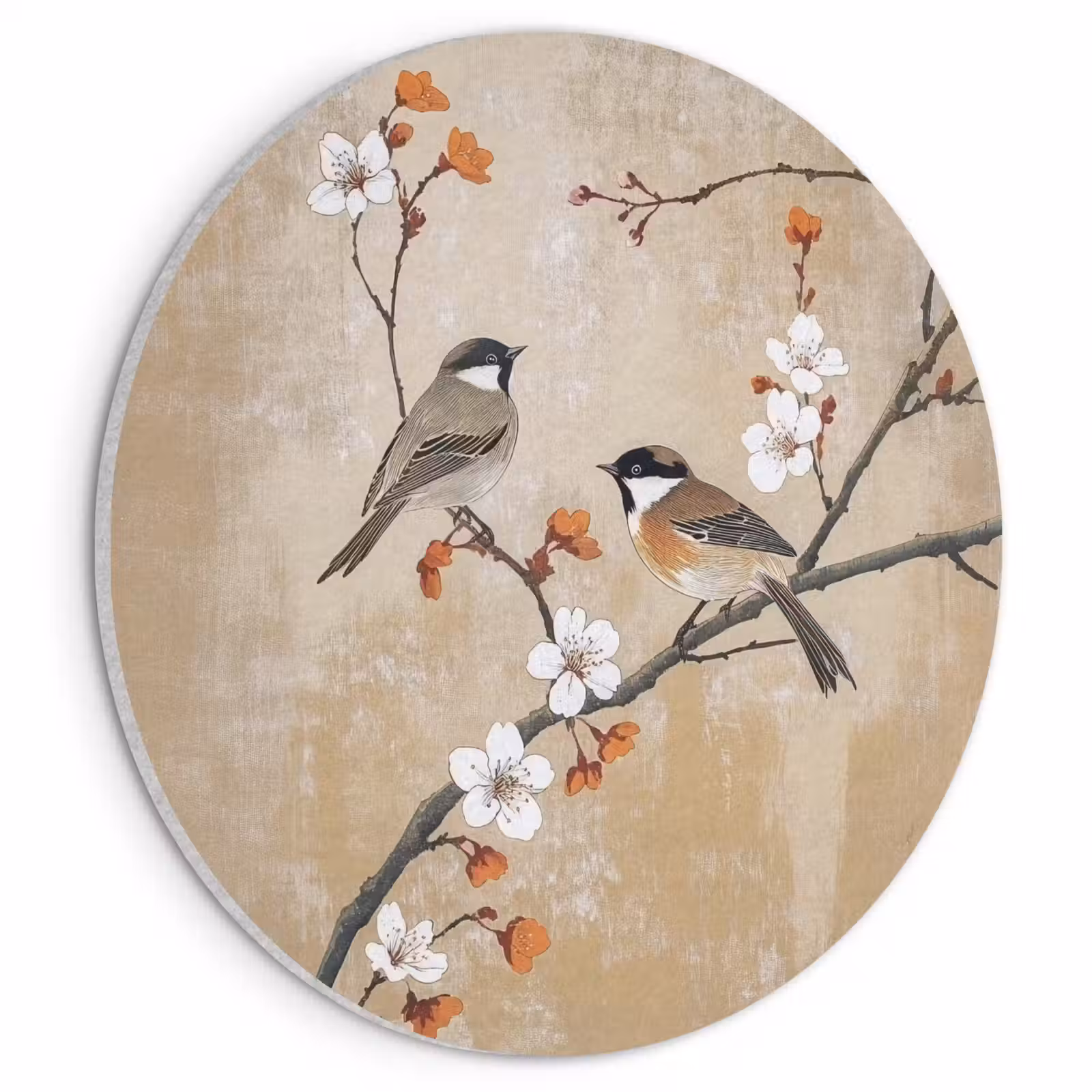 Akoestisch schilderij rond - Vogels - Bloesemtak - Bloemen - Oranje — 1