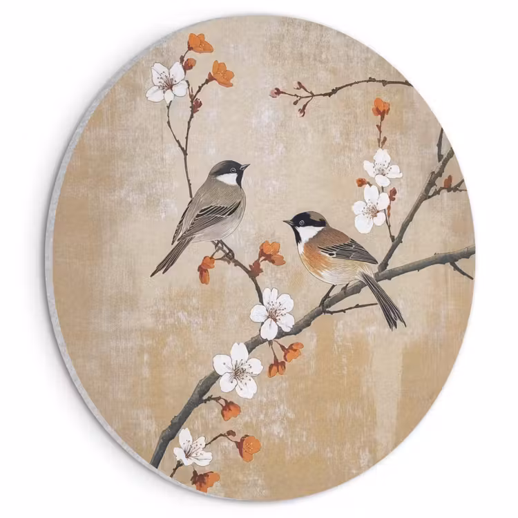 Akoestisch schilderij rond - Vogels - Bloesemtak - Bloemen - Oranje — 1