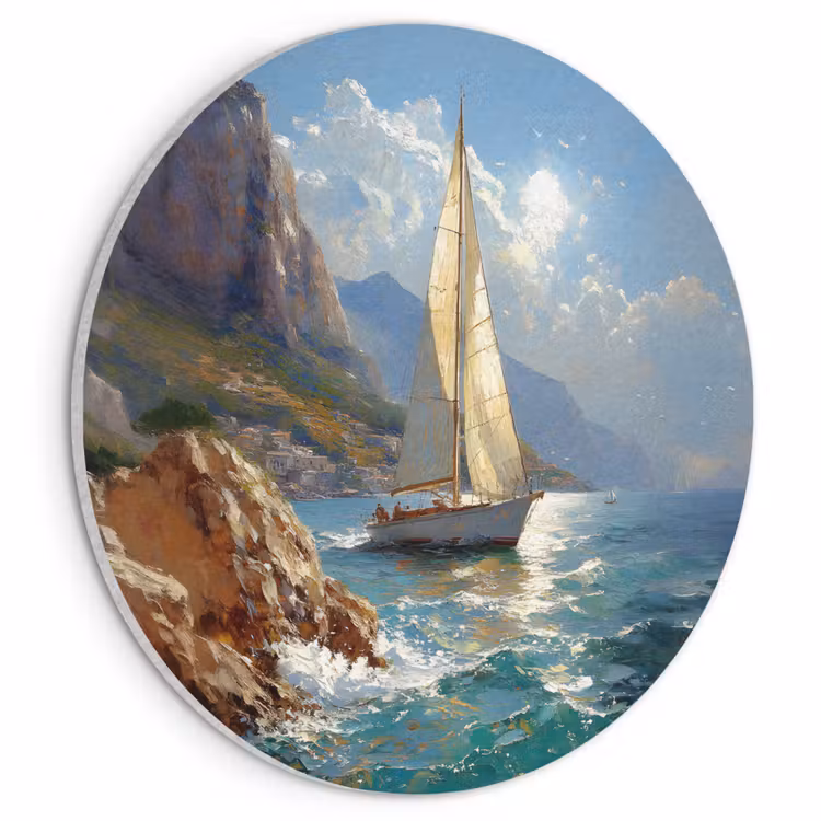 Akoestisch schilderij rond - Zeilschip - Zee - Rotsen - Wolken — 1