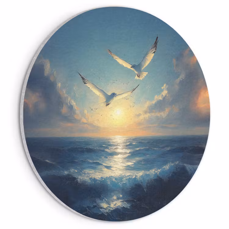 Akoestisch schilderij rond - Meeuwen - Zee - Wolken -Blauw — 1