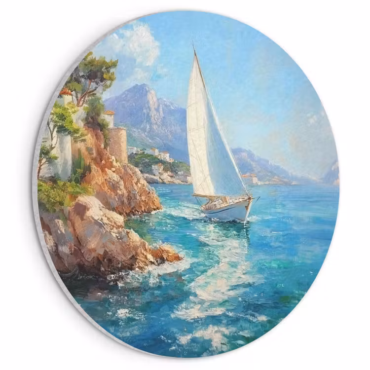 Akoestisch schilderij rond - Zeilboot - Rotsen - Kust - Huizen — 1
