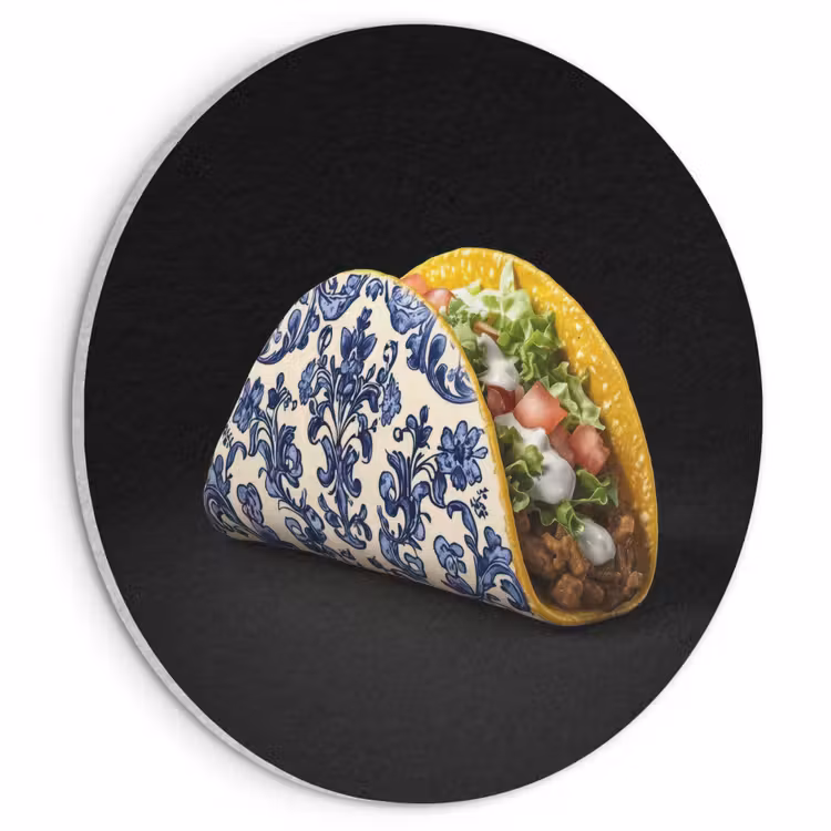 Akoestisch schilderij rond - Taco - Vlees - Salade - Delftsblauw - Motief