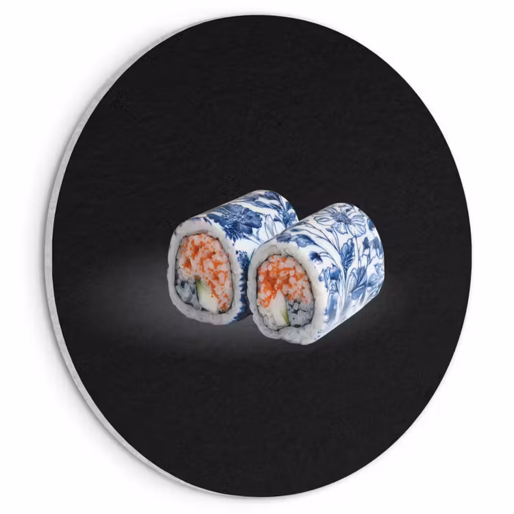 Akoestisch schilderij rond - Sushi - Delfts blauw - Rijst - Vis - Elegant