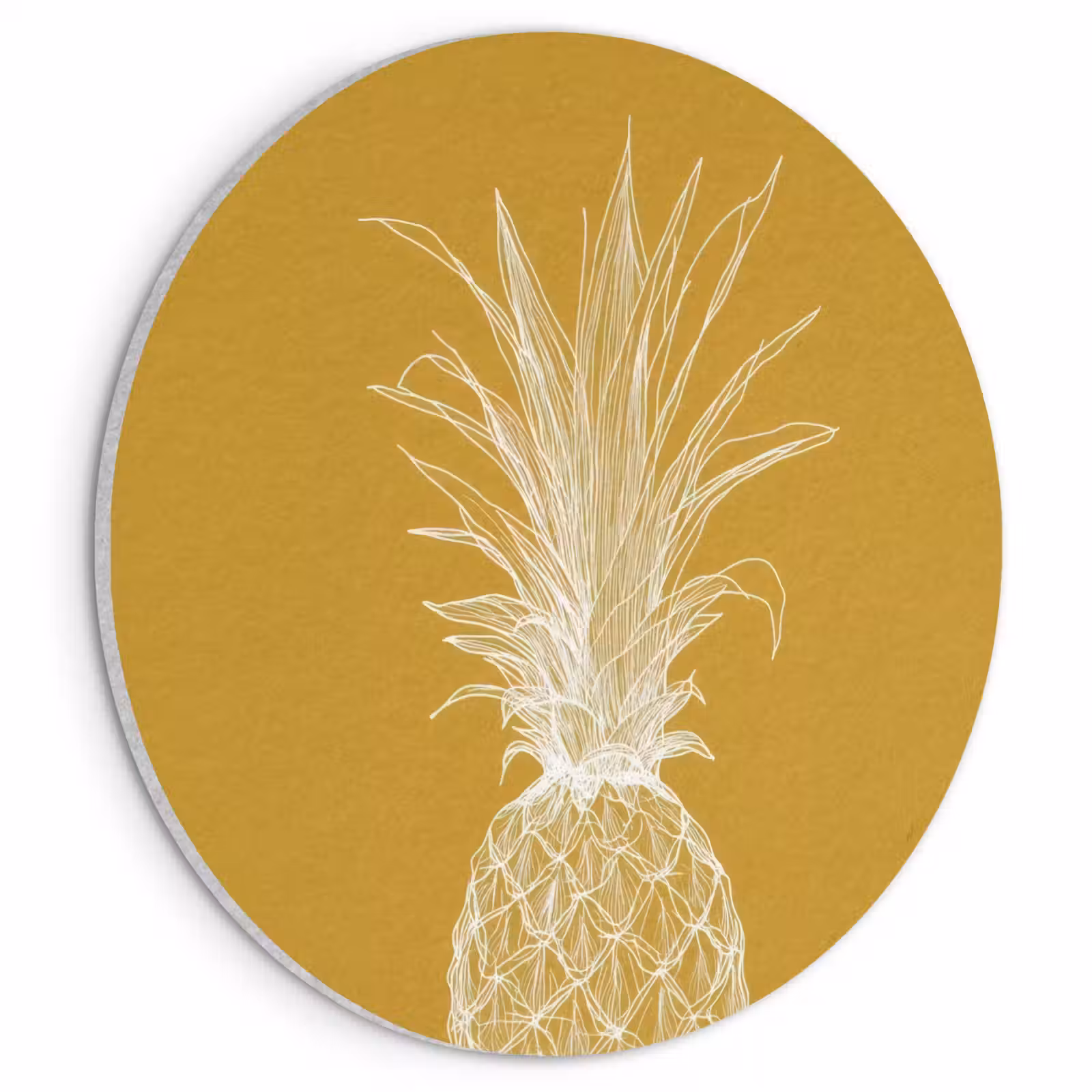 Akoestisch schilderij rond - Lijnillustratie - Ananas - Bladkroon - Okergeel — 1