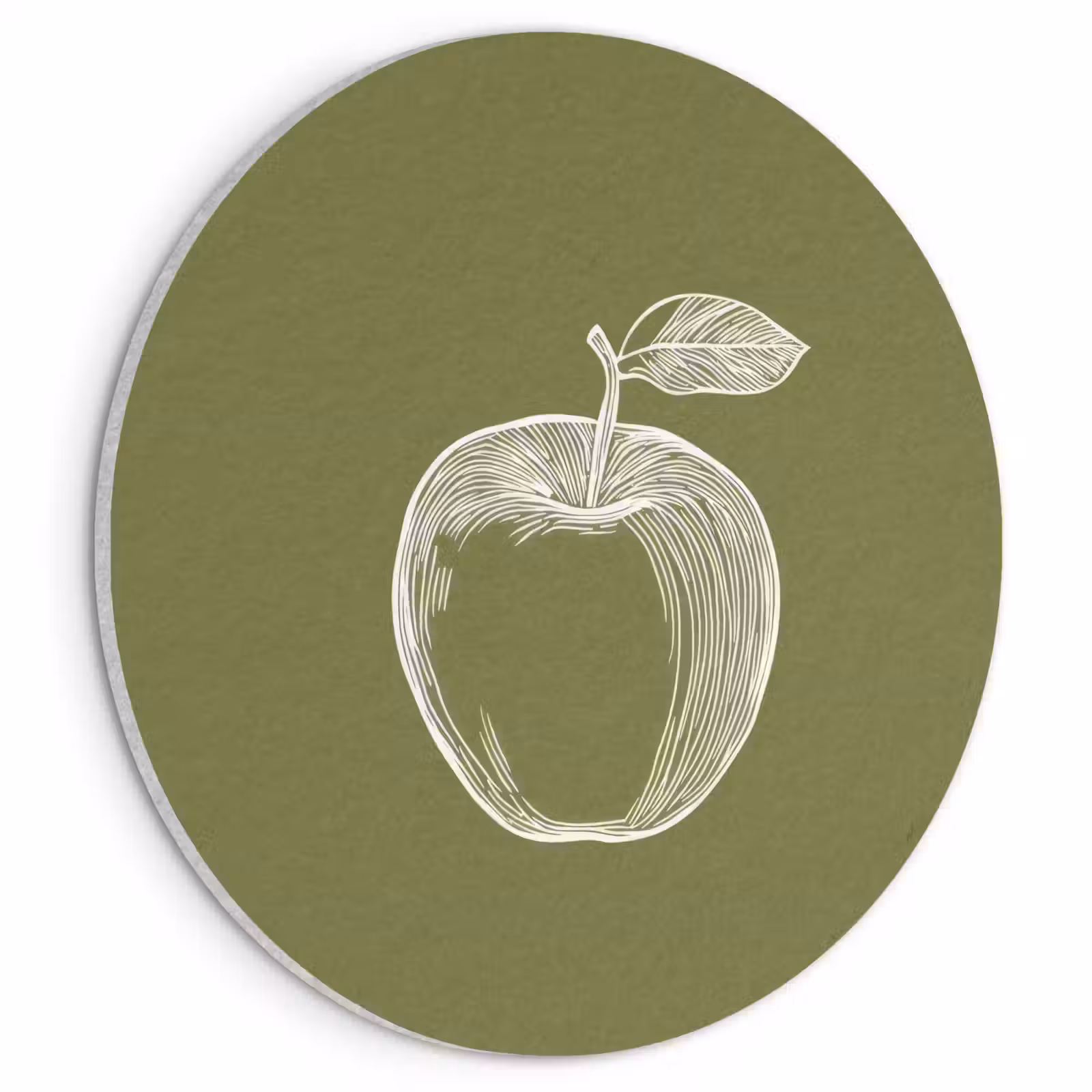 Akoestisch schilderij rond - Lijntekening - Appel - Olijfgroen - Blaadje — 1