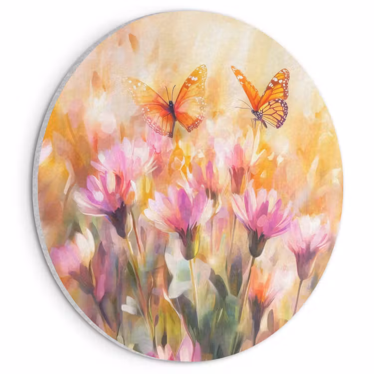 Akoestisch schilderij rond - Vlinders - Oranje - Bloemen — 1