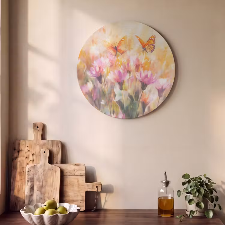 Akoestisch schilderij rond - Vlinders - Oranje - Bloemen — 4