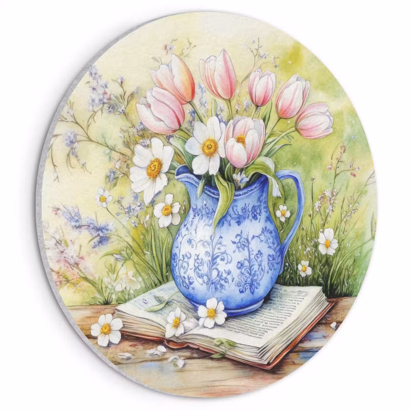 Akoestisch schilderij rond - Vaas - Delftsblauw - Madeliefjes — 1