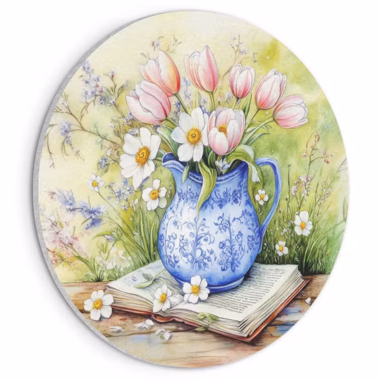 Akoestisch schilderij rond - Vaas - Delftsblauw - Madeliefjes — 1