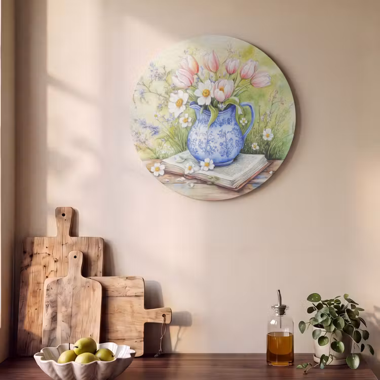 Akoestisch schilderij rond - Vaas - Delftsblauw - Madeliefjes — 4