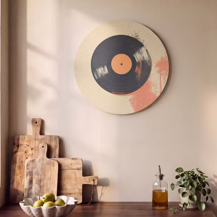 Akoestisch schilderij rond - Vinylplaat - Zwart - Verfspatten - Retro — 4