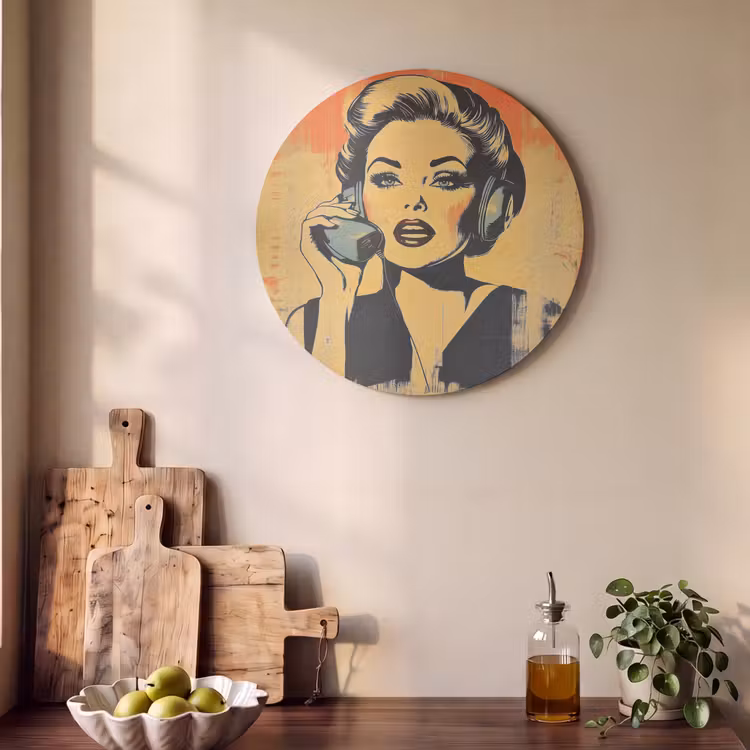 Akoestisch schilderij rond - Retro - Vrouw - Koptelefoon - Oranje — 4