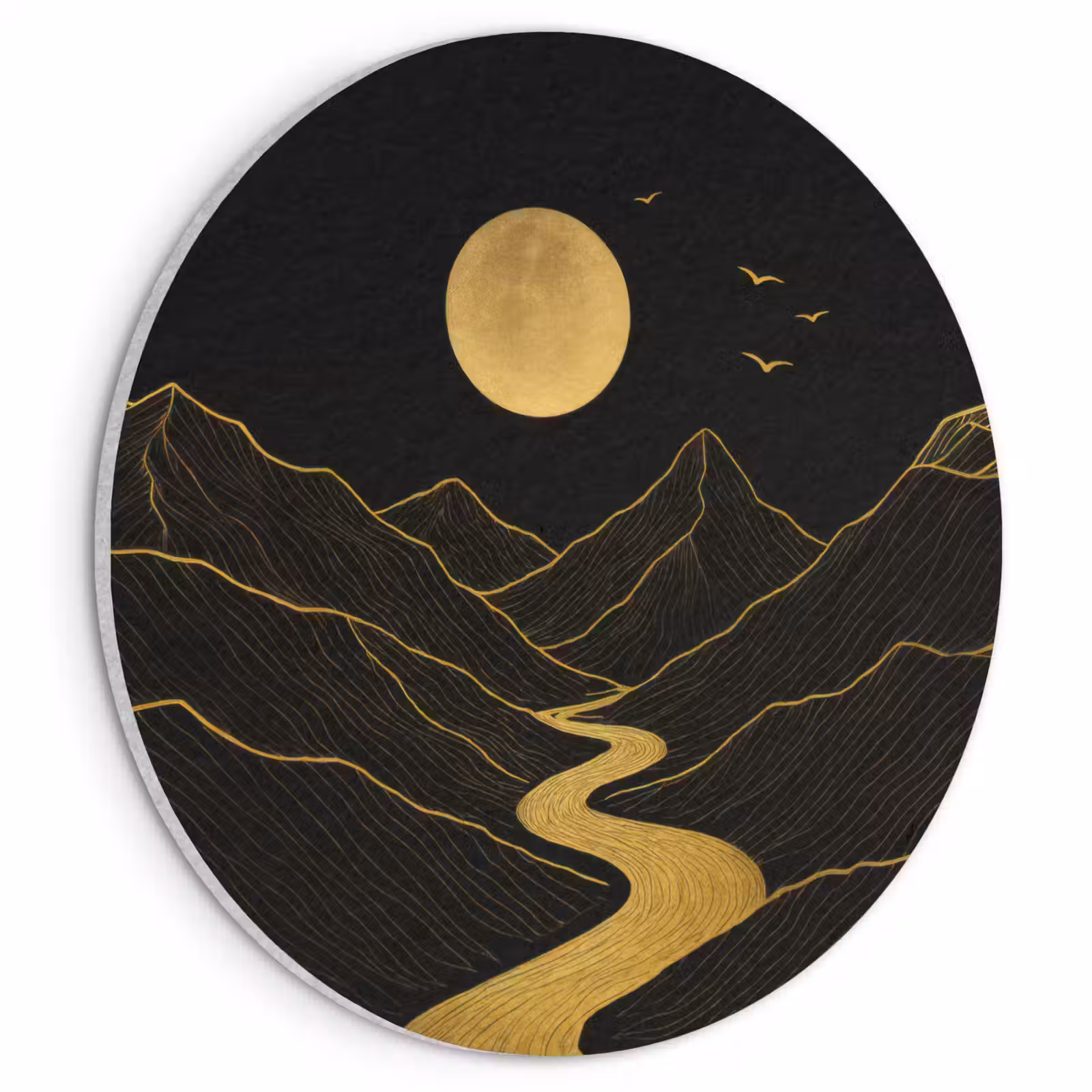 Akoestisch schilderij rond - Rivier - Goud - Maan - Vogels — 1