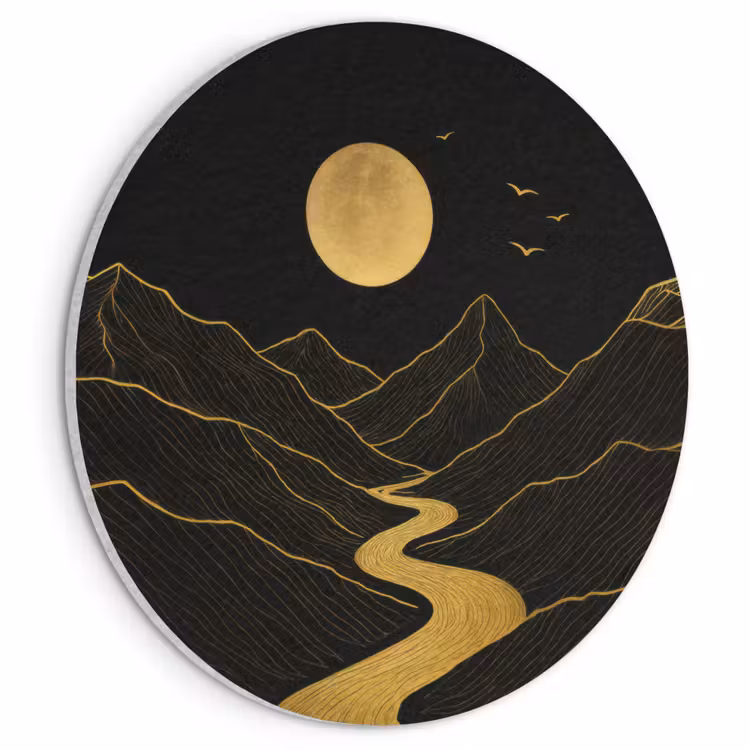 Akoestisch schilderij rond - Rivier - Goud - Maan - Vogels — 1