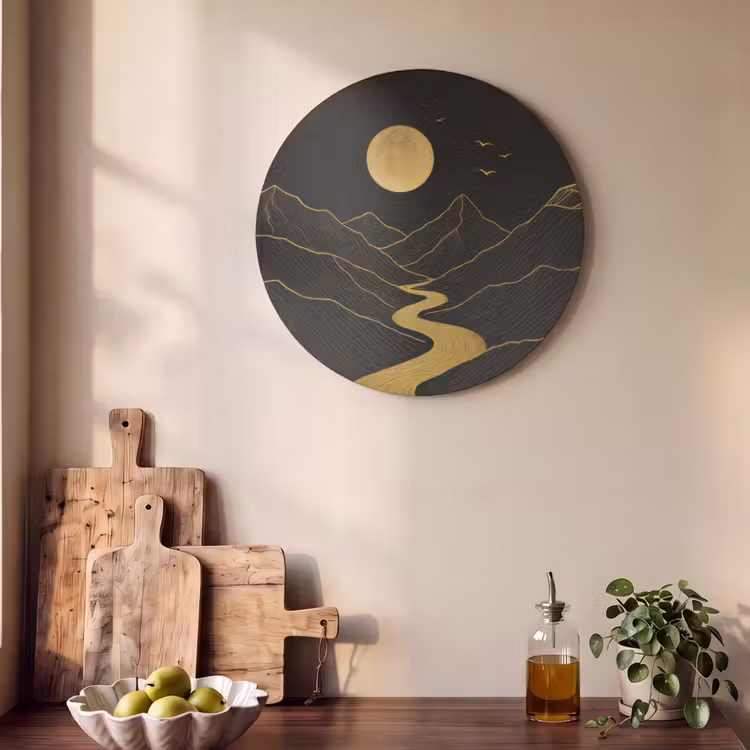 Akoestisch schilderij rond - Rivier - Goud - Maan - Vogels — 4