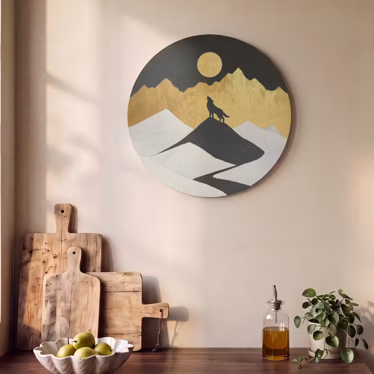 Akoestisch schilderij rond - Wolf - Bergen - Maan - Zwart — 4
