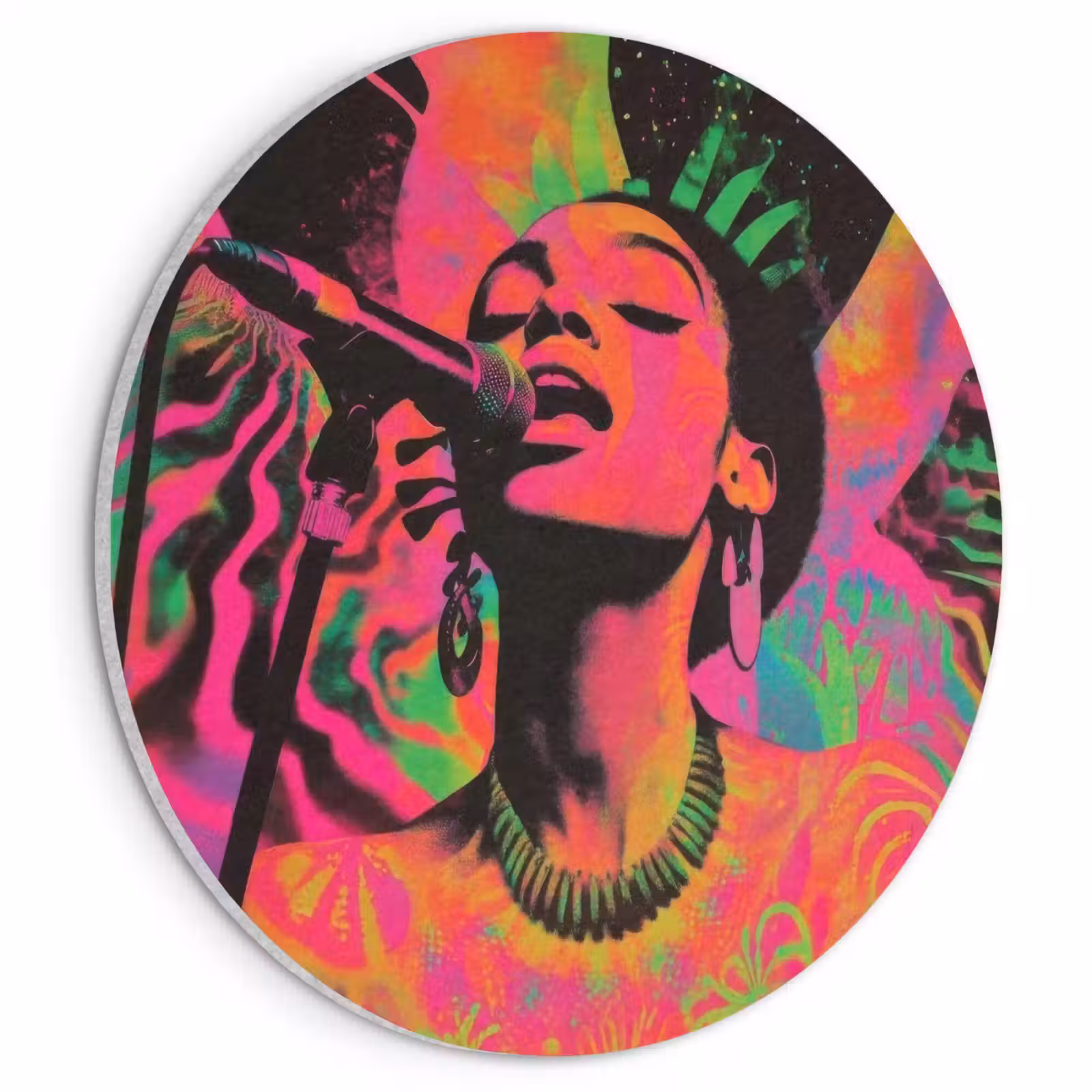 Akoestisch schilderij rond - Vrouw - Microfoon - Neon — 1