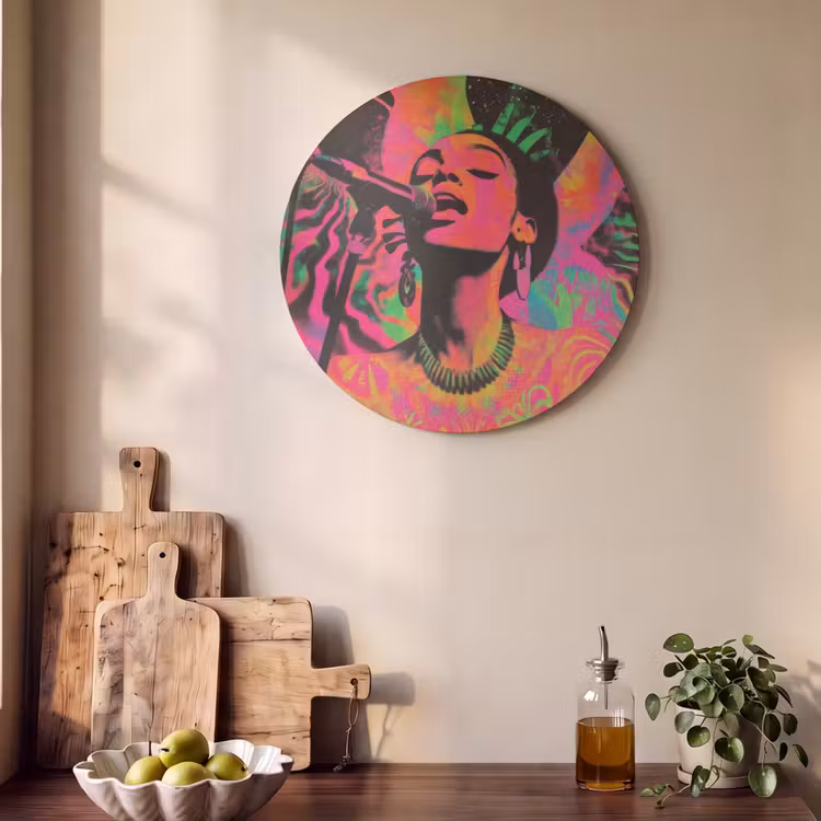 Akoestisch schilderij rond - Vrouw - Microfoon - Neon — 4