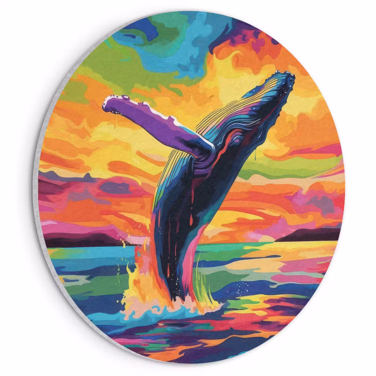 Akoestisch schilderij rond - Zonsondergang - Walvis - Geschilderd - Kleurrijk — 1