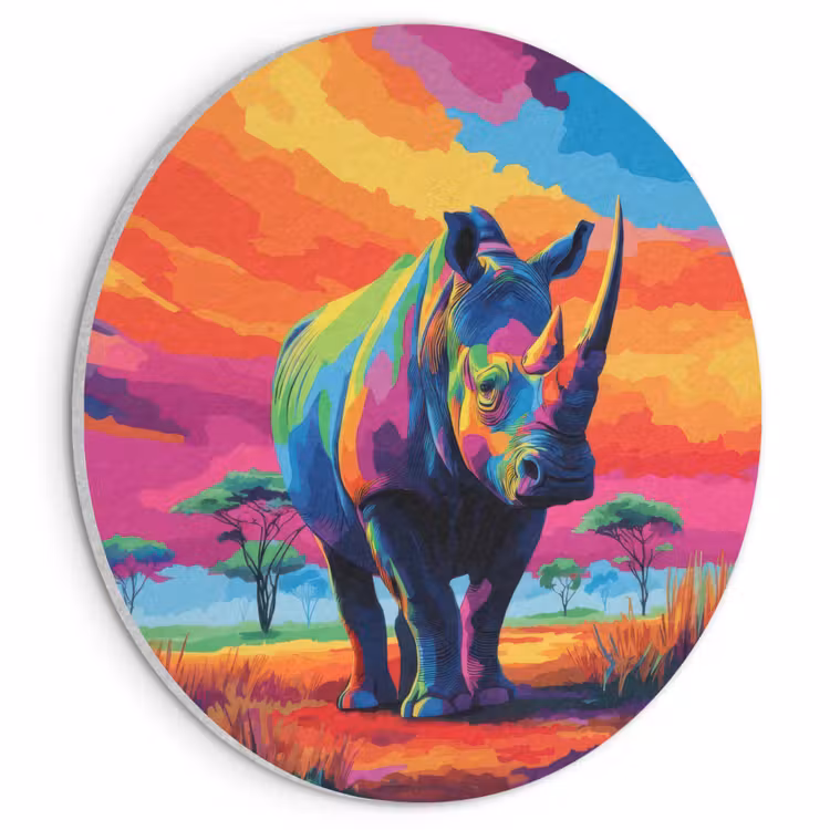 Akoestisch schilderij rond - Neushoorn - Zonsondergang - Savanna - Kleurrijk — 1