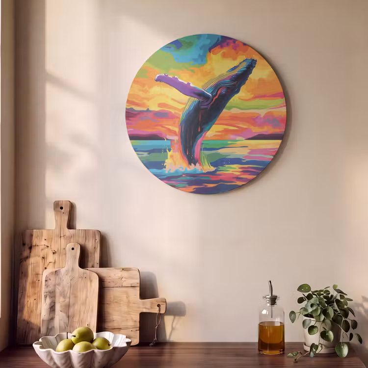 Akoestisch schilderij rond - Zonsondergang - Walvis - Geschilderd - Kleurrijk — 4