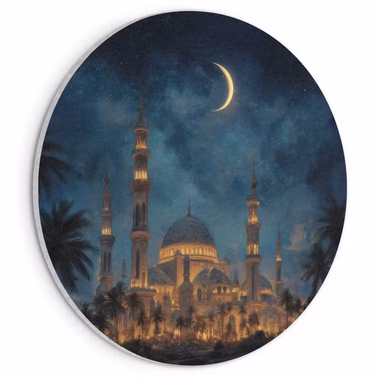 Akoestisch schilderij rond - Sterrenhemel - Maan - Palmbomen - Moskee — 1