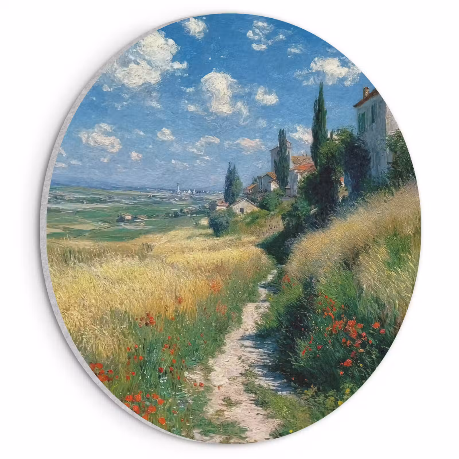 Akoestisch schilderij rond - Zandpad - Huis - Bomen - Grasveld — 1