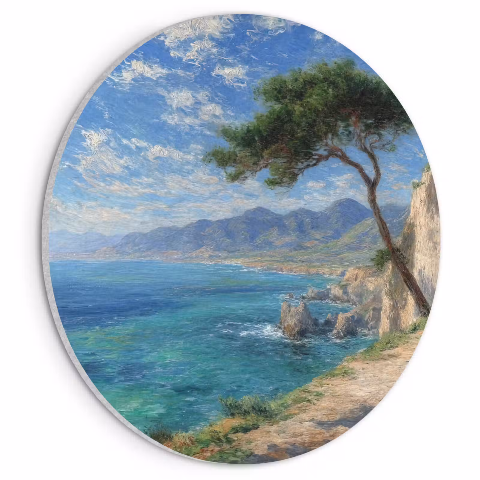 Akoestisch schilderij rond - Rotsen - Kustlijn - Boom - Bergen — 1