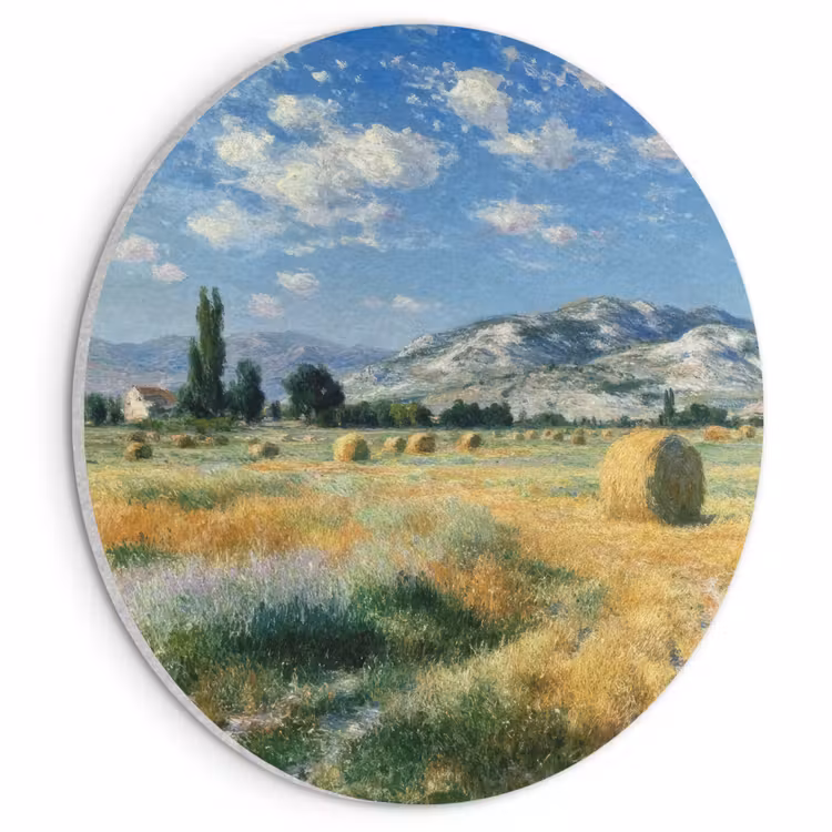 Akoestisch schilderij rond - Landschap - Strobalen - Bergen - Wolken — 1