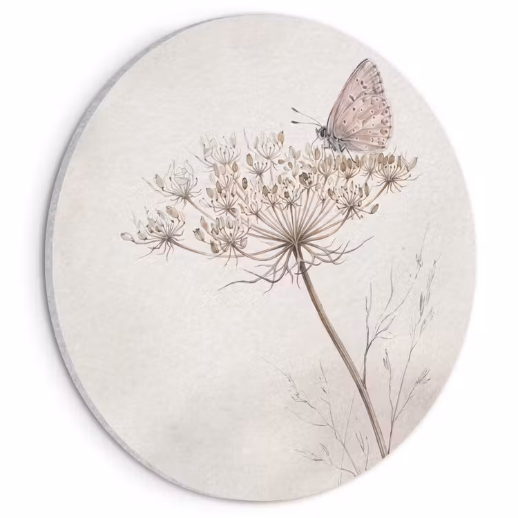 Akoestisch schilderij rond - Vlinder - Bloem -Natuur - Beige