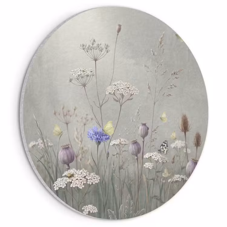 Akoestisch schilderij rond - Vlinders - Wildbloemen - Illustratie - Kleurrijk