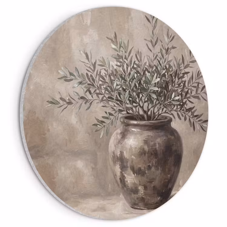 Akoestisch schilderij rond - Olijfplant - Aardenpot - Abstract - Beige