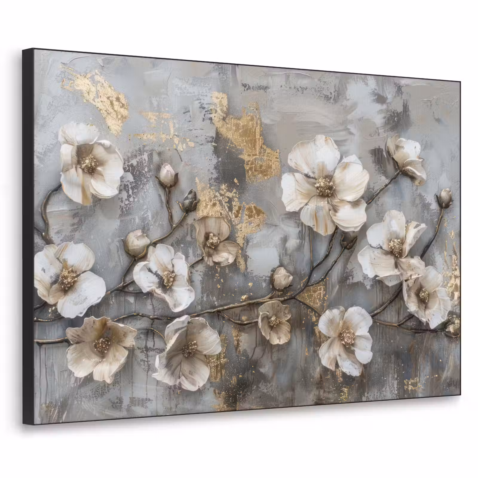 Art Frame - Bloemen - Wit - Grijs - Goud - Luxe — 1