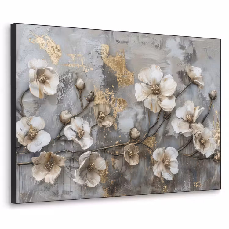 Art Frame - Bloemen - Wit - Grijs - Goud - Luxe — 1