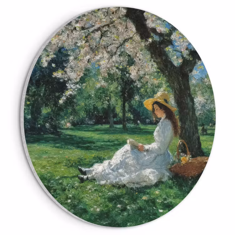 Akoestisch schilderij rond - Vrouw - Boom - Boek - Mandje — 1