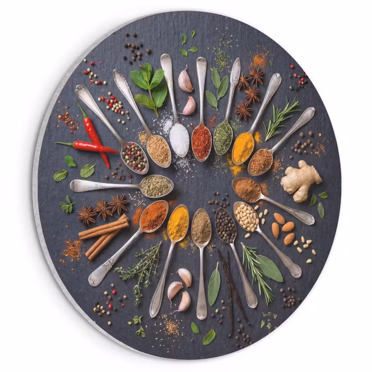 Akoestisch schilderij rond - Kruiden - Lepels - Culinair - Kleurrijk - Sfeervol