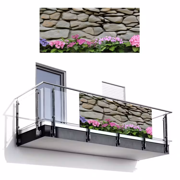 Balkonscherm - Hortensia’s - Stenen - Muur - Bloemen — 1
