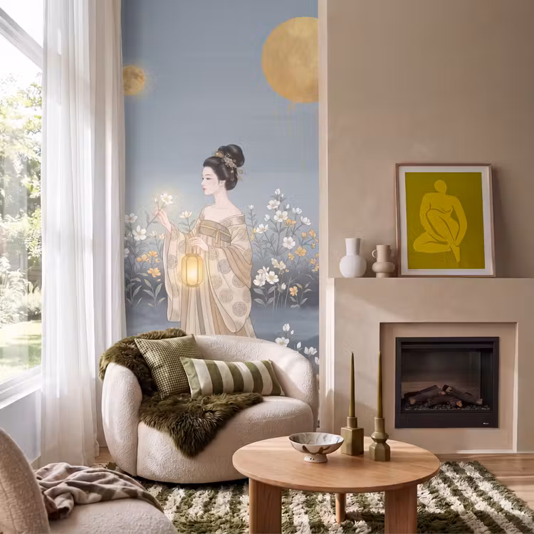 Behang - Aziatische Vrouw met Lantaarn Bloemen