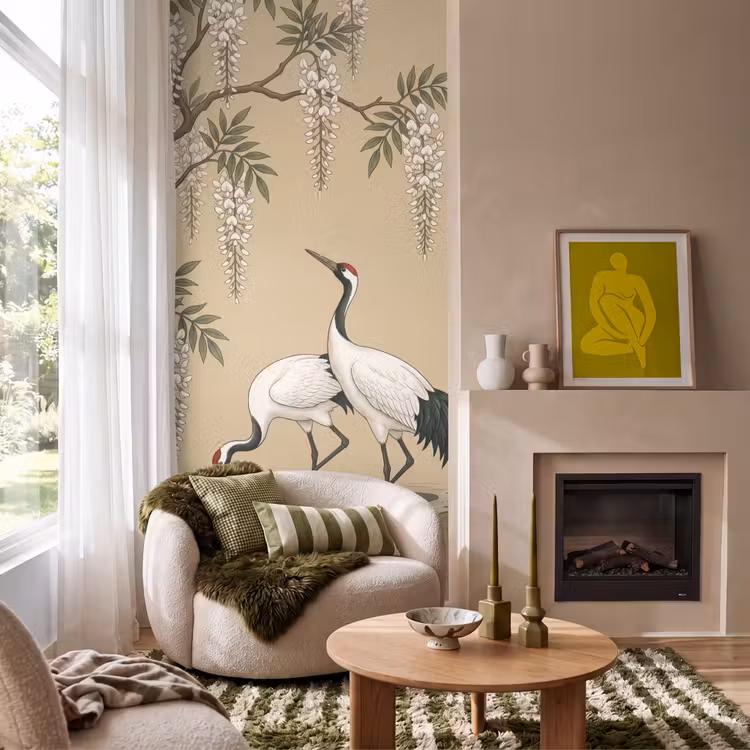 Behang - Kraanvogels Wisteria Chinoiserie Beige