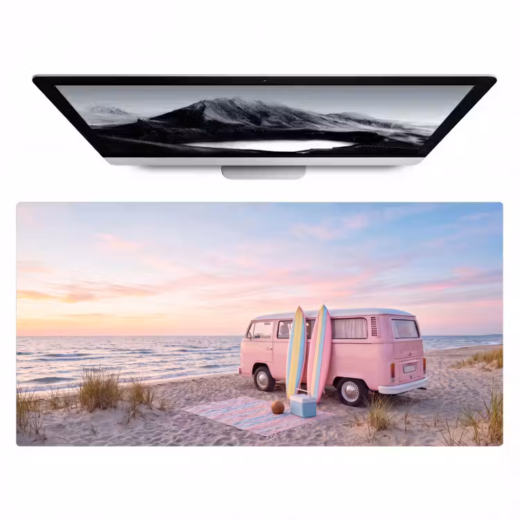 Bureau onderlegger - Busje - Strand - Surfplank - Zomer - Roze — 1