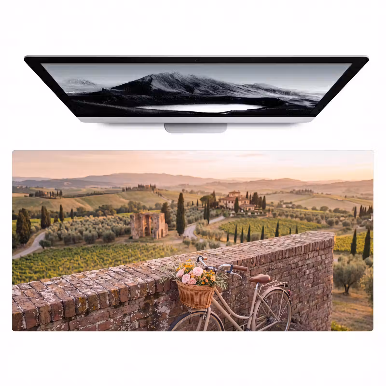 Bureau onderlegger - Fiets - Bloemen - Toscane - Landschap - Roze — 1