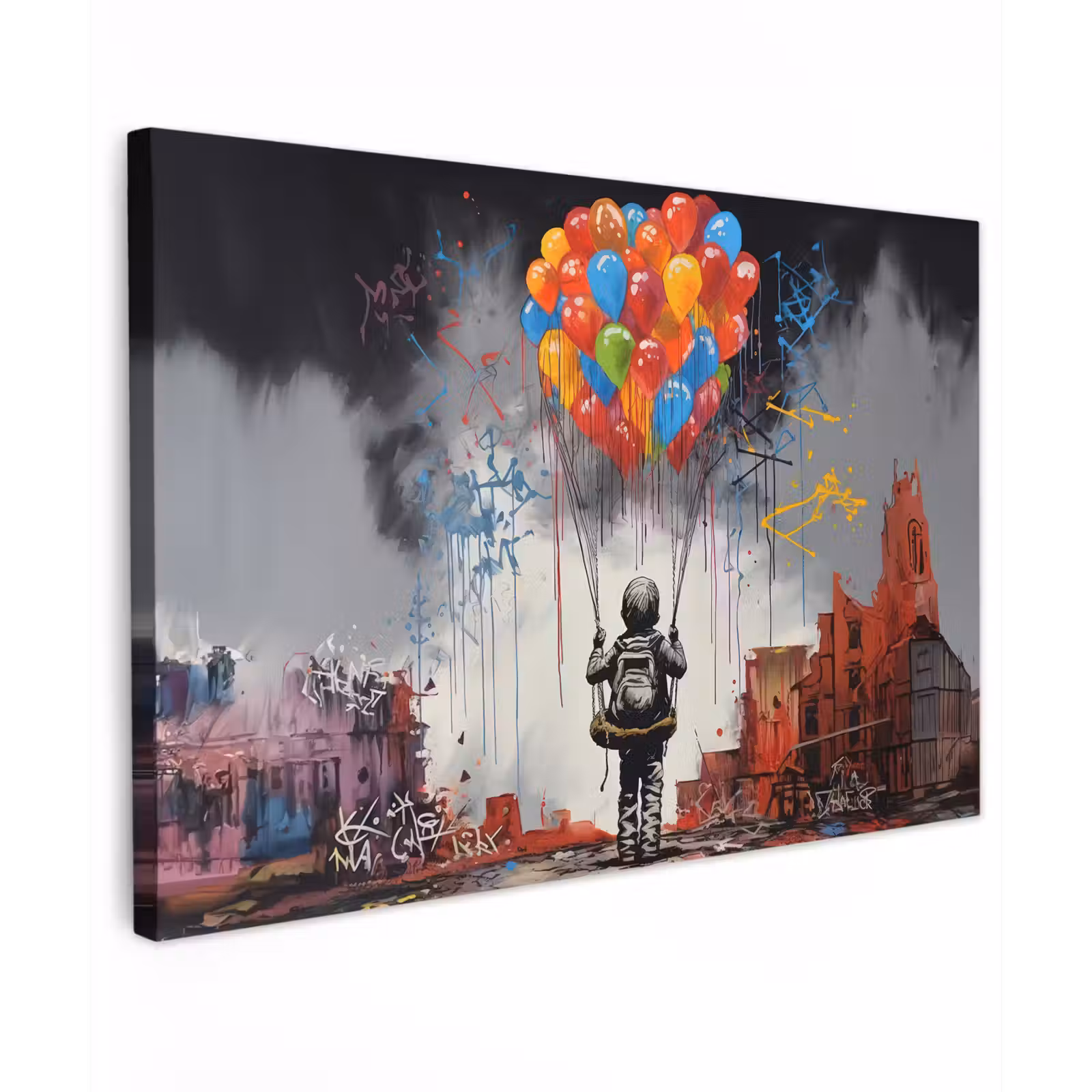 Canvas schilderij - Jongen - Ballonnen - Gebouwen - Kunst — 1