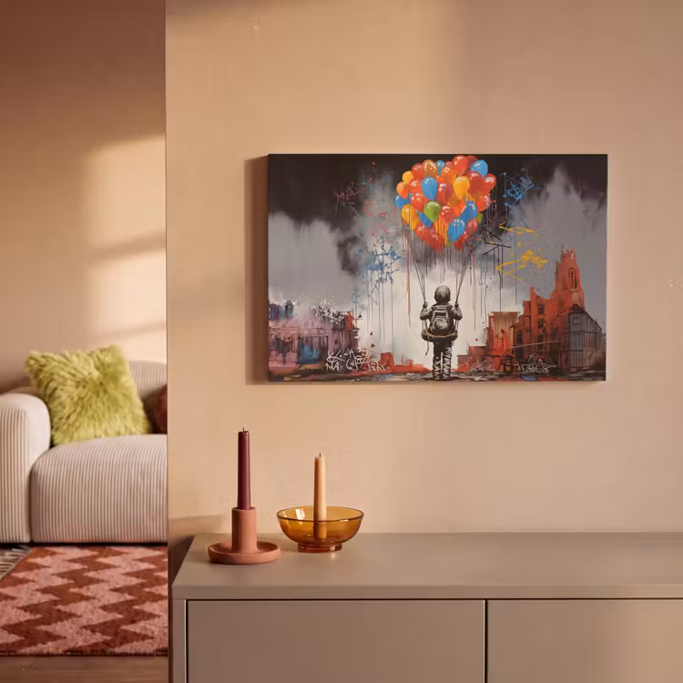 Canvas schilderij - Jongen - Ballonnen - Gebouwen - Kunst — 2