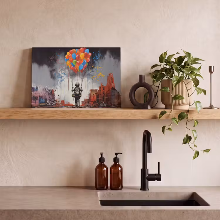 Canvas schilderij - Jongen - Ballonnen - Gebouwen - Kunst — 4