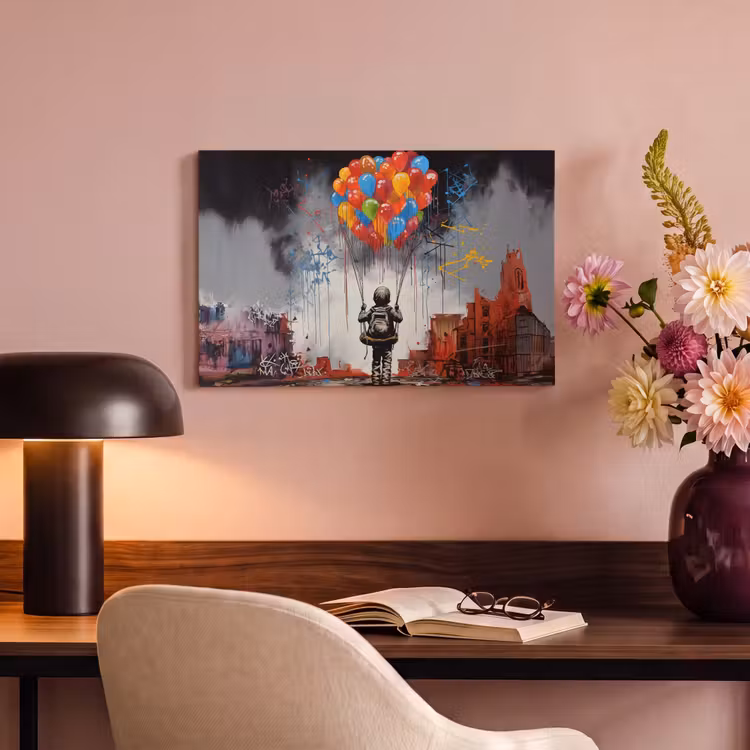 Canvas schilderij - Jongen - Ballonnen - Gebouwen - Kunst — 6