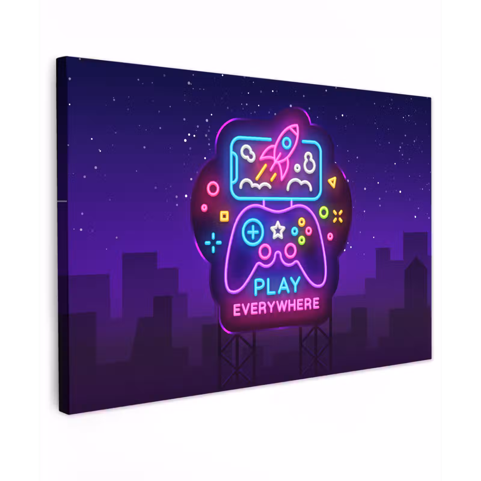 Canvas schilderij - Gaming - Neon - Play - Blauw - Nacht - Controller — 1