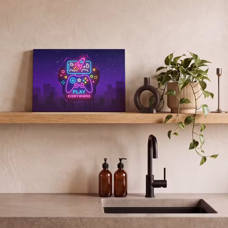 Canvas schilderij - Gaming - Neon - Play - Blauw - Nacht - Controller — 4