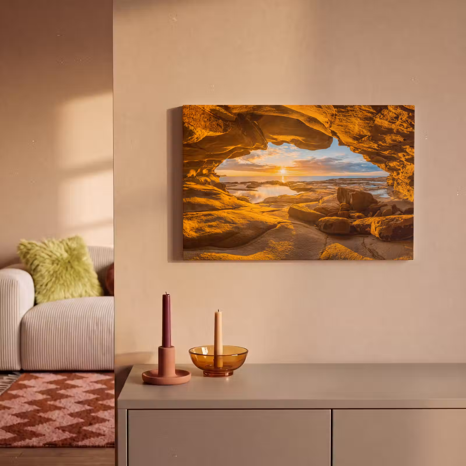 Canvas schilderij - Grot - Zee - Horizon - Zonsondergang — 1