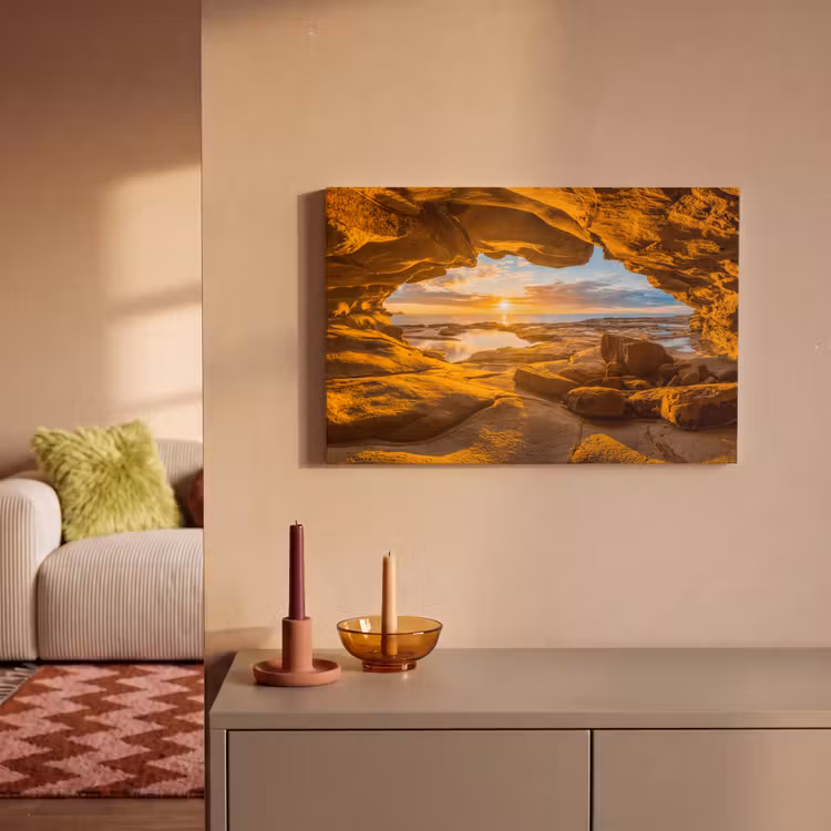 Canvas schilderij - Grot - Zee - Horizon - Zonsondergang — 1
